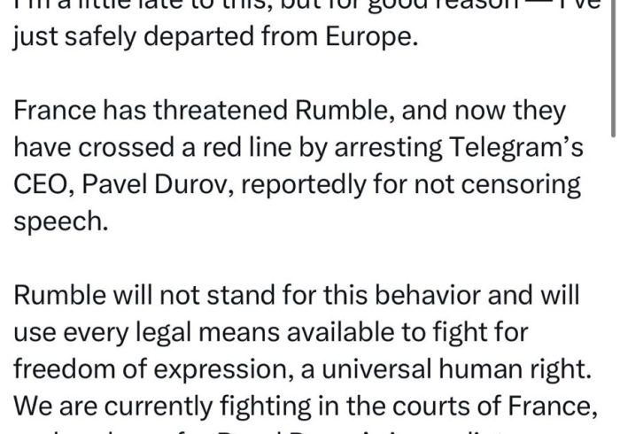 CEO of Rumble Flees Following Arrest of Telegram CEO