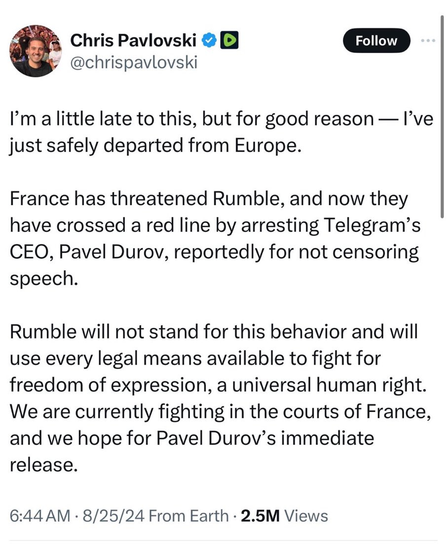 CEO of Rumble Flees Following Arrest of Telegram CEO